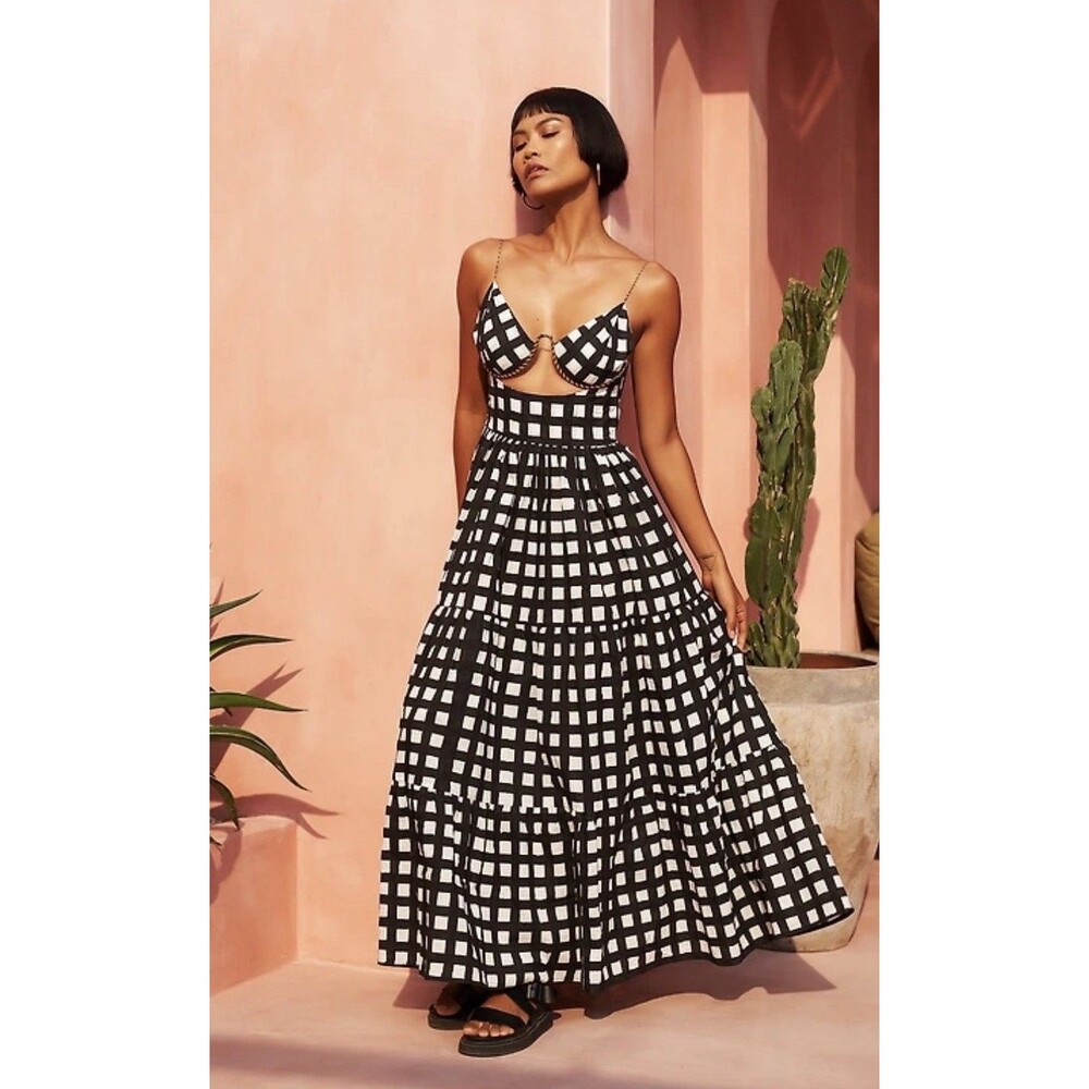 MO MAYA Luna Gingham Maxi Dress Black & White with Pockets. Size XL